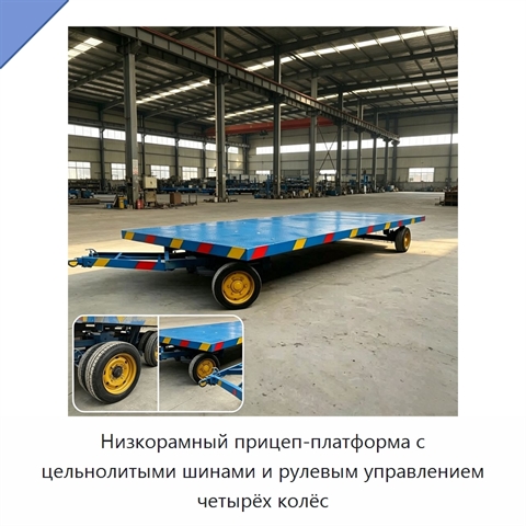 Низкорамный прицеп-платформа с цельнолитыми шинами и рулевым управлением четырёх колёс