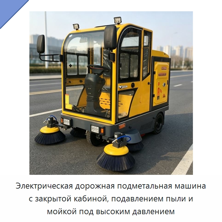 Электрическая дорожная подметальная машина с закрытой кабиной, подавлением пыли и мойкой под высоким давлением — Специальные машины и промышленное оборудование