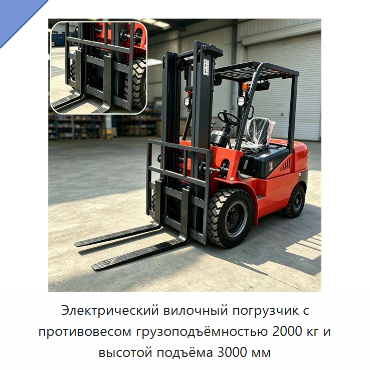 Электрический вилочный погрузчик с противовесом грузоподъёмностью 2000 кг и высотой подъёма 3000 мм — Специальная строительная техника