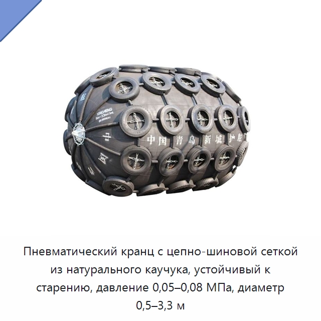 Пневматический кранц с цепно-шиновой сеткой из натурального каучука, устойчивый к старению, давление 0,05–0,08 МПа, диаметр 0,5–3,3 м — Плавучие причалы и буи