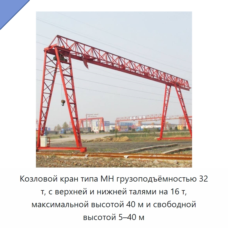 Козловой кран типа MH грузоподъёмностью 32 т, с верхней и нижней талями на 16 т, максимальной высотой 40 м и свободной высотой 5–40 м