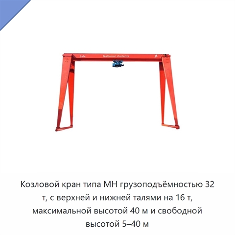 Козловой кран типа MH грузоподъёмностью 32 т, с верхней и нижней талями на 16 т, максимальной высотой 40 м и свободной высотой 5–40 м