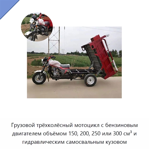Грузовой трёхколёсный мотоцикл с бензиновым двигателем объёмом 150, 200, 250 или 300 см³ и гидравлическим самосвальным кузовом