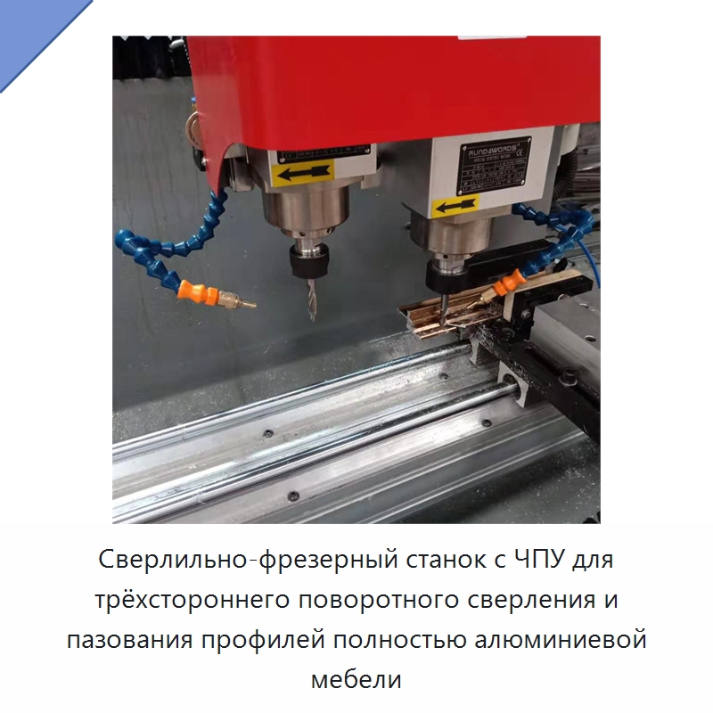 Сверлильно-фрезерный станок с ЧПУ для трёхстороннего поворотного сверления и пазования профилей полностью алюминиевой мебели