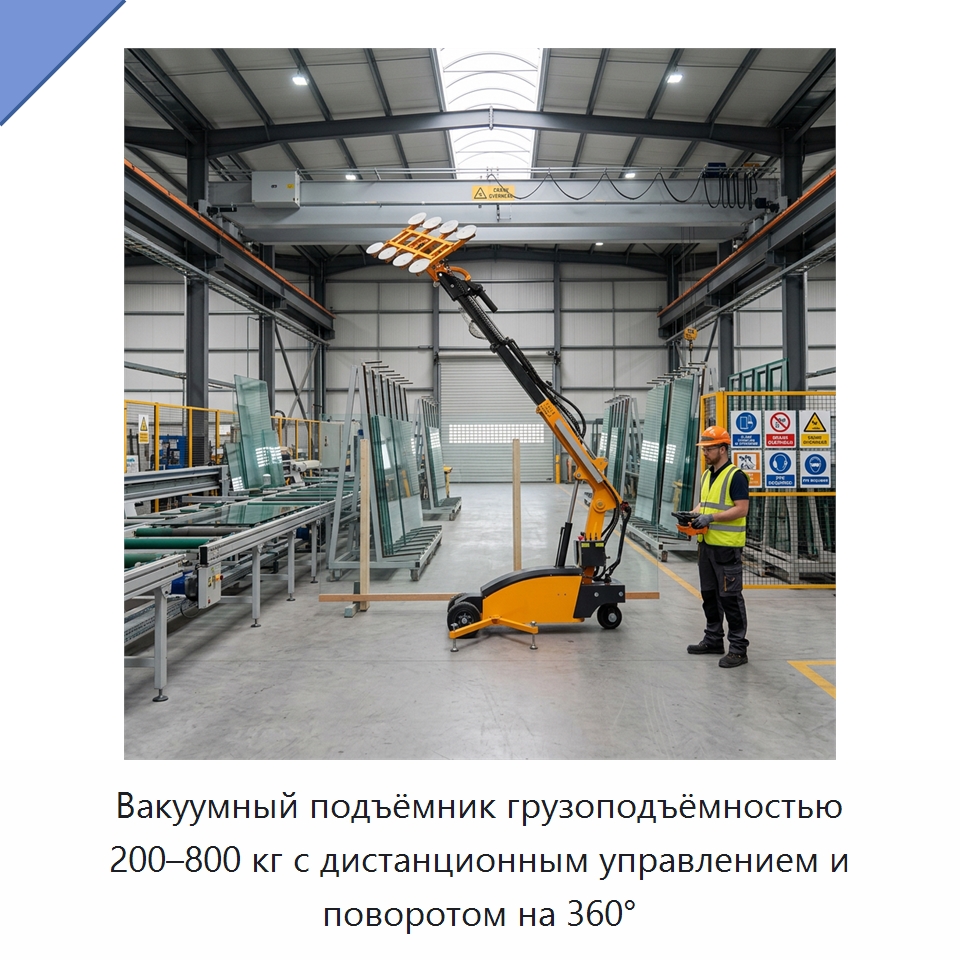 Вакуумный подъёмник грузоподъёмностью 200–800 кг с дистанционным управлением и поворотом на 360° — Вакуумные грузозахваты