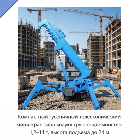 Компактный гусеничный телескопический мини-кран типа «паук» грузоподъёмностью 1,2–14 т, высота подъёма до 24 м