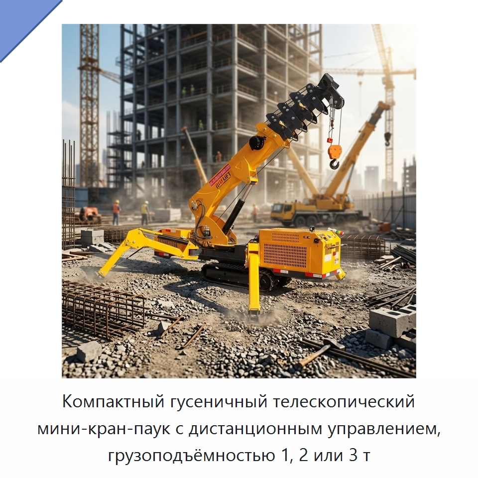 Компактный гусеничный телескопический мини-кран-паук с дистанционным управлением, грузоподъёмностью 1, 2 или 3 т — Краны