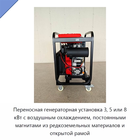 Переносная генераторная установка 3, 5 или 8 кВт с воздушным охлаждением, постоянными магнитами из редкоземельных материалов и открытой рамой