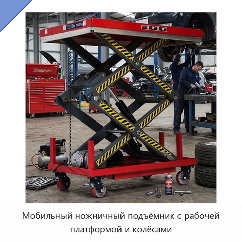 Мобильный ножничный подъёмник с рабочей платформой и колёсами