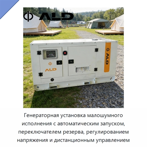 Генераторная установка малошумного исполнения с автоматическим запуском, переключателем резерва, регулированием напряжения и дистанционным управлением
