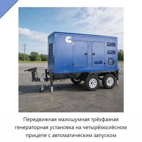 Передвижная малошумная трёхфазная генераторная установка на четырёхколёсном прицепе с автоматическим запуском