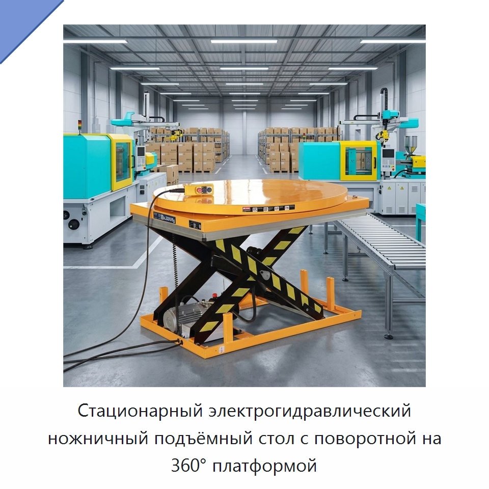 Стационарный электрогидравлический ножничный подъёмный стол с поворотной на 360° платформой — Подъемные столы