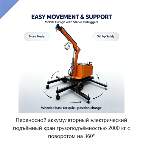 Переносной аккумуляторный электрический подъёмный кран грузоподъёмностью 2000 кг с поворотом на 360°