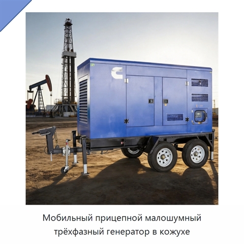 Мобильный прицепной малошумный трёхфазный генератор в кожухе