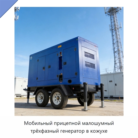 Мобильный прицепной малошумный трёхфазный генератор в кожухе