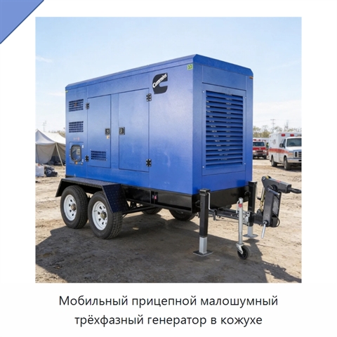 Мобильный прицепной малошумный трёхфазный генератор в кожухе