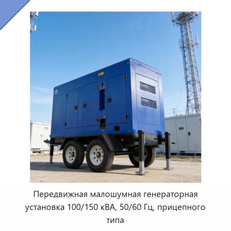 Передвижная малошумная генераторная установка 100/150 кВА, 50/60 Гц, прицепного типа — Дизельные генераторы