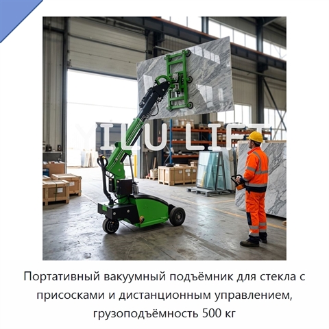 Портативный вакуумный подъёмник для стекла с присосками и дистанционным управлением, грузоподъёмность 500 кг