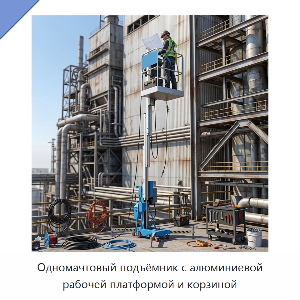Одномачтовый подъёмник с алюминиевой рабочей платформой и корзиной — Подъемные столы