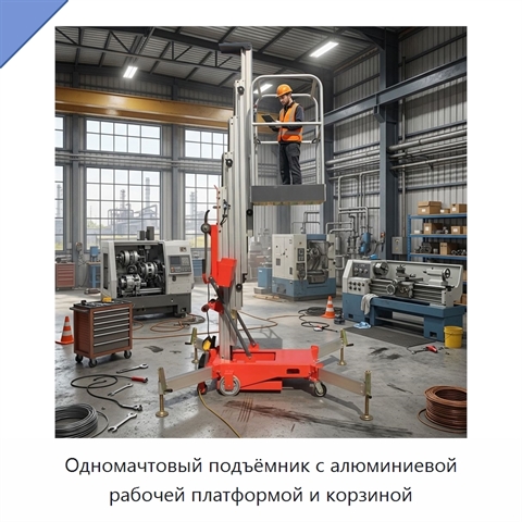 Одномачтовый подъёмник с алюминиевой рабочей платформой и корзиной