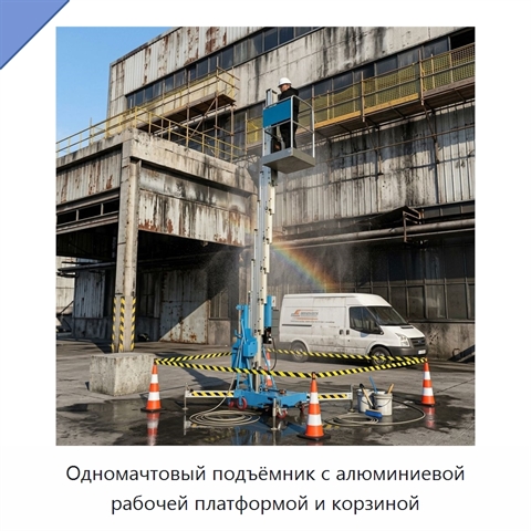 Одномачтовый подъёмник с алюминиевой рабочей платформой и корзиной