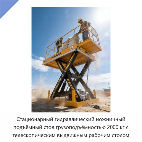 Стационарный гидравлический ножничный подъёмный стол грузоподъёмностью 2000 кг с телескопическим выдвижным рабочим столом