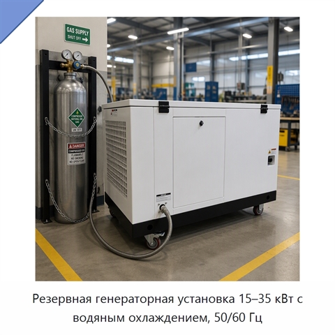 Резервная генераторная установка 15–35 кВт с водяным охлаждением, 50/60 Гц