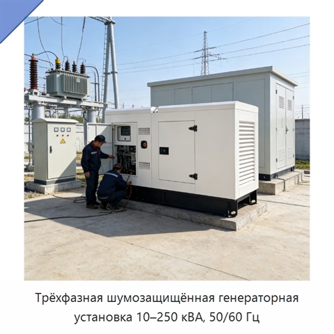 Трёхфазная шумозащищённая генераторная установка 10–250 кВА, 50/60 Гц
