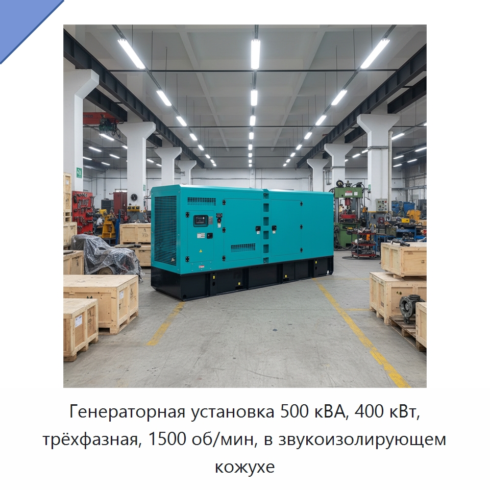 Генераторная установка 500 кВА, 400 кВт, трёхфазная, 1500 об/мин, в звукоизолирующем кожухе — Дизельные генераторы