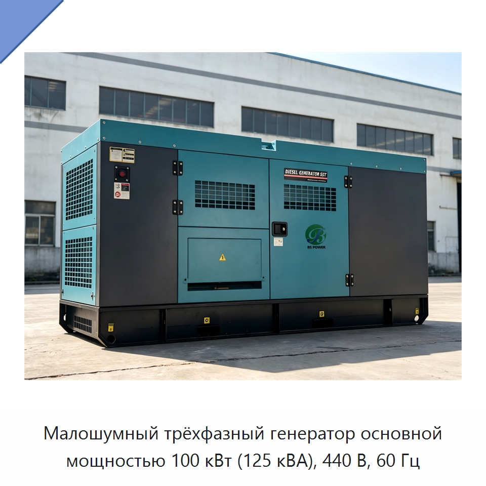 Малошумный трёхфазный генератор основной мощностью 100 кВт (125 кВА), 440 В, 60 Гц — Дизельные генераторы
