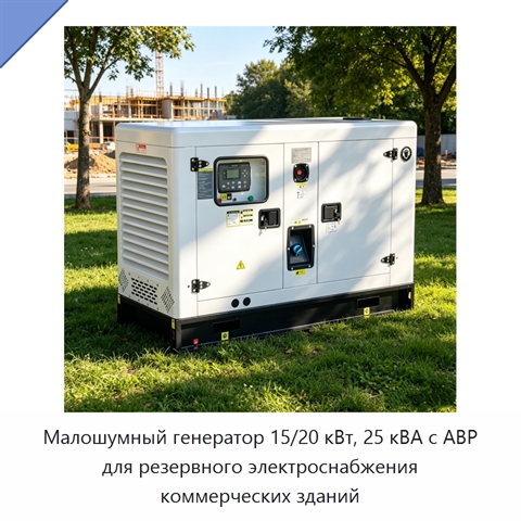 Малошумный генератор 15/20 кВт, 25 кВА с АВР для резервного электроснабжения коммерческих зданий