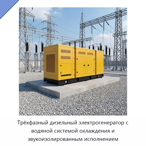 Трёхфазный дизельный электрогенератор с водяной системой охлаждения и звукоизолированным исполнением