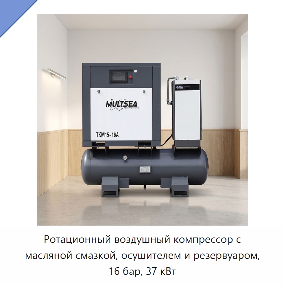 Ротационный воздушный компрессор с масляной смазкой, осушителем и резервуаром, 16 бар, 37 кВт — Промышленные компрессоры