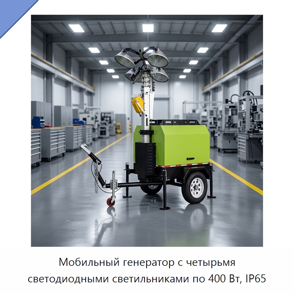 Мобильный генератор с четырьмя светодиодными светильниками по 400 Вт, IP65 — Осветительные мачты