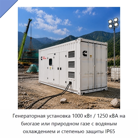 Генераторная установка 1000 кВт / 1250 кВА на биогазе или природном газе с водяным охлаждением и степенью защиты IP65