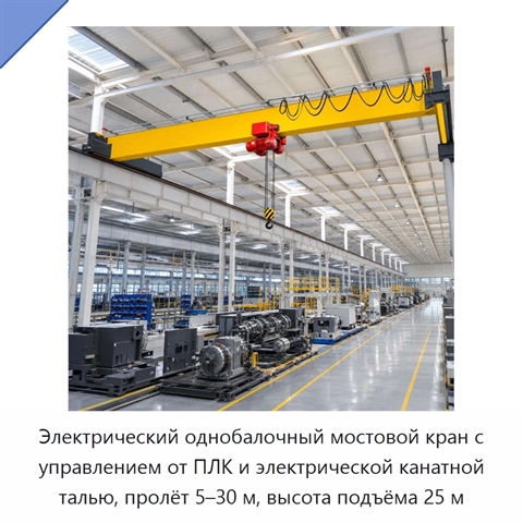 Электрический однобалочный мостовой кран с управлением от ПЛК и электрической канатной талью, пролёт 5–30 м, высота подъёма 25 м