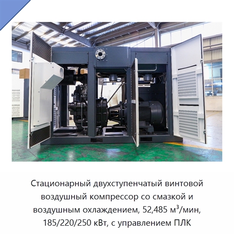 Стационарный двухступенчатый винтовой воздушный компрессор со смазкой и воздушным охлаждением, 52,485 м³/мин, 185/220/250 кВт, с управлением ПЛК