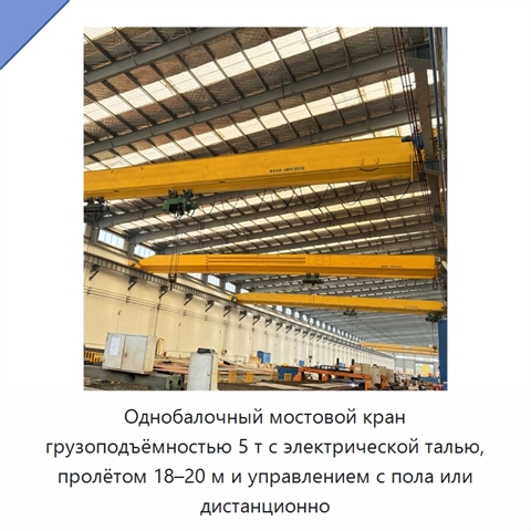 Однобалочный мостовой кран грузоподъёмностью 5 т с электрической талью, пролётом 18–20 м и управлением с пола или дистанционно