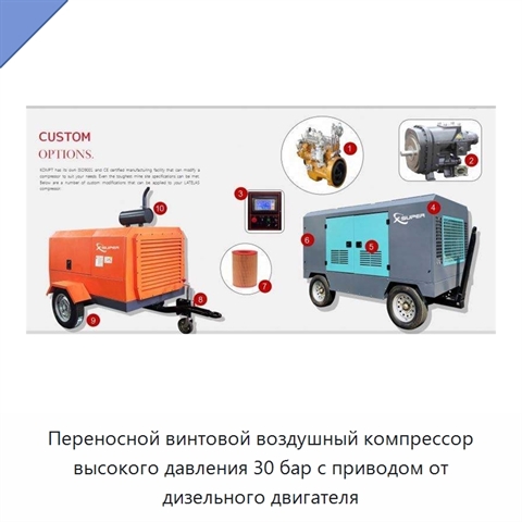 Переносной винтовой воздушный компрессор высокого давления 30 бар с приводом от дизельного двигателя