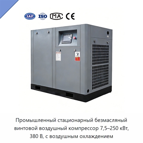 Промышленный стационарный безмасляный винтовой воздушный компрессор 7,5–250 кВт, 380 В, с воздушным охлаждением