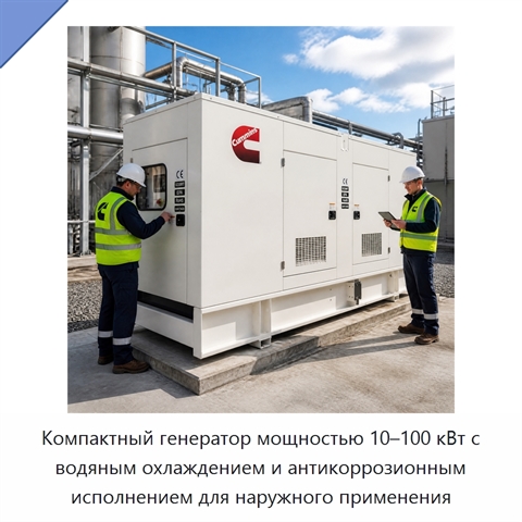 Компактный генератор мощностью 10–100 кВт с водяным охлаждением и антикоррозионным исполнением для наружного применения