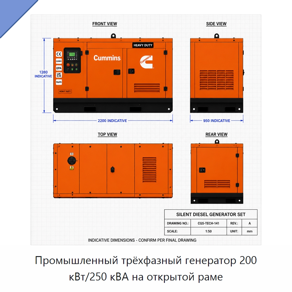 Промышленный трёхфазный генератор 200 кВт/250 кВА на открытой раме — Дизельные генераторы