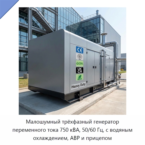 Малошумный трёхфазный генератор переменного тока 750 кВА, 50/60 Гц, с водяным охлаждением, АВР и прицепом