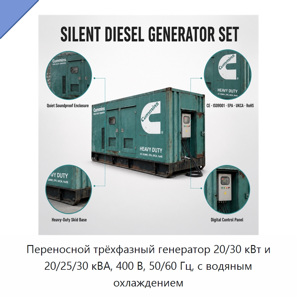 Переносной трёхфазный генератор 20/30 кВт и 20/25/30 кВА, 400 В, 50/60 Гц, с водяным охлаждением — Генерация электроэнергии