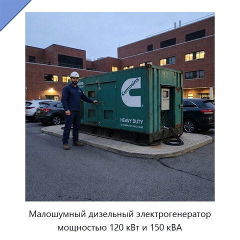 Малошумный дизельный электрогенератор мощностью 120 кВт и 150 кВА