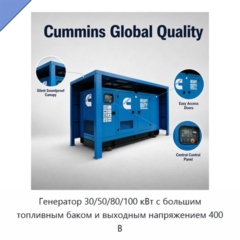 Генератор 30/50/80/100 кВт с большим топливным баком и выходным напряжением 400 В