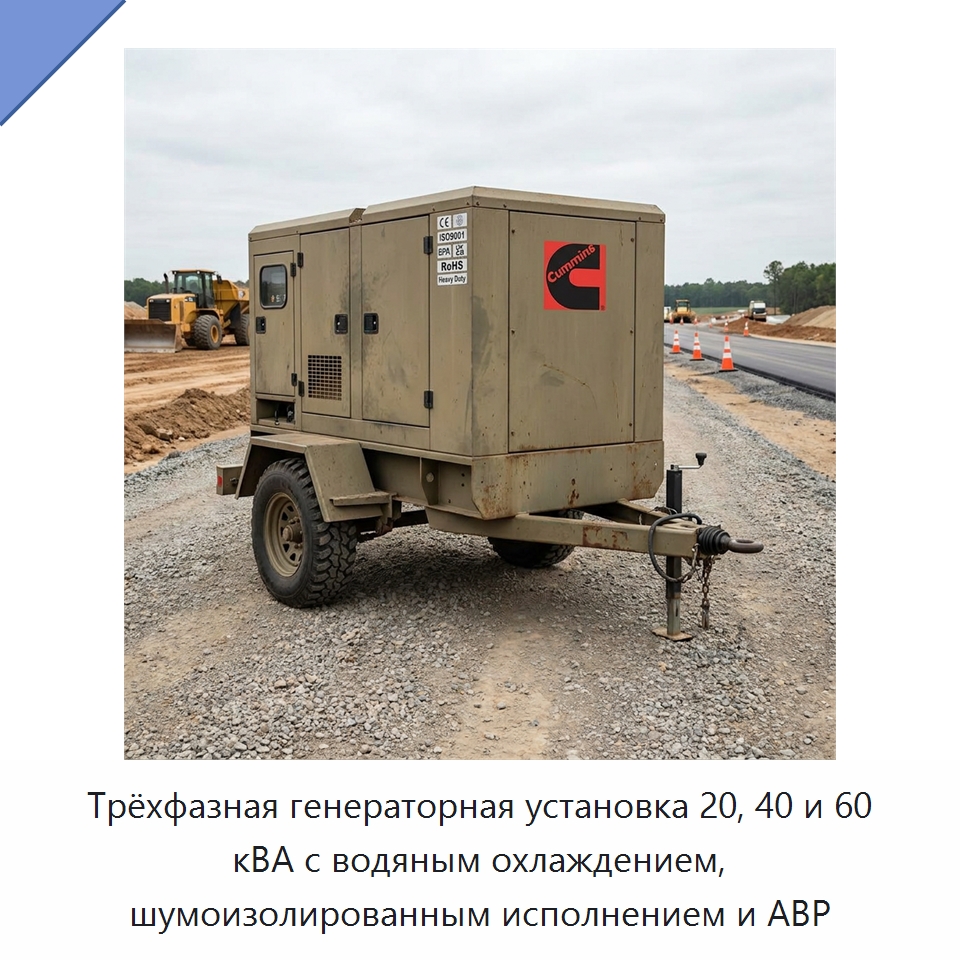 Трёхфазная генераторная установка 20, 40 и 60 кВА с водяным охлаждением, шумоизолированным исполнением и АВР — Генерация электроэнергии