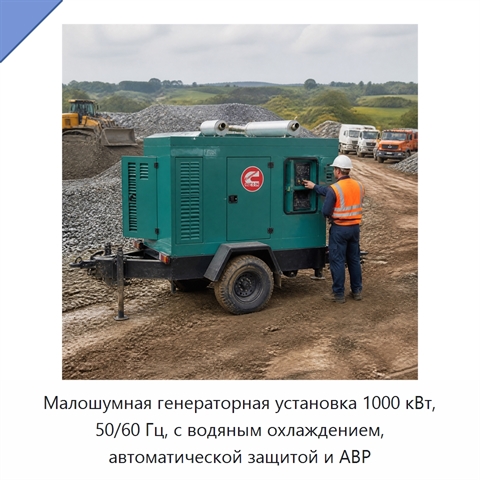 Малошумная генераторная установка 1000 кВт, 50/60 Гц, с водяным охлаждением, автоматической защитой и АВР