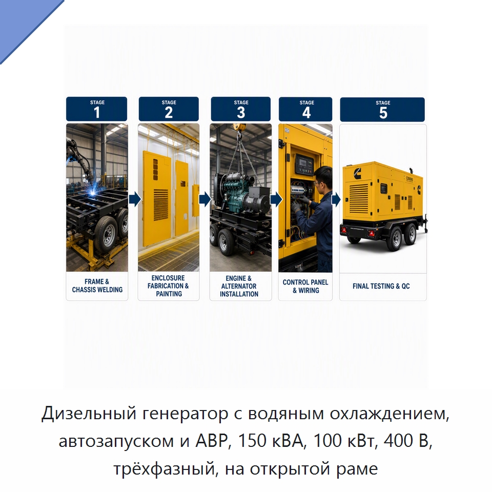 Дизельный генератор с водяным охлаждением, автозапуском и АВР, 150 кВА, 100 кВт, 400 В, трёхфазный, на открытой раме — Генерация электроэнергии