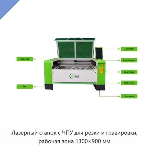 Лазерный станок с ЧПУ для резки и гравировки, рабочая зона 1300×900 мм